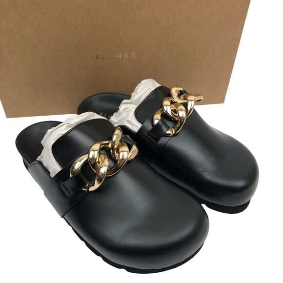 NEW Alohas Fireplace Chain Link Black Leather Clogs Mules Slide Sandals 35 US 5 - Picture 2 of 9